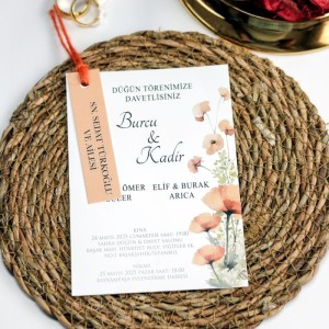 Turuncu İpli Turuncu Etiketli Zarfsız Düğün Davetiyesi