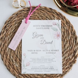 Pembe İpli Pembe Etiketli Zarfsız Davetiye Modeli