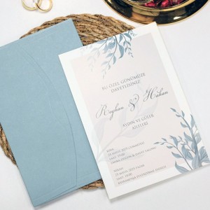 Mavi Dikdörtgen Zarflı Mavi Çiçekli Düğün Davetiyesi