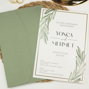 Yeşil Dikdörtgen Zarflı Yeşil Yaprak Tasarımlı Davetiye