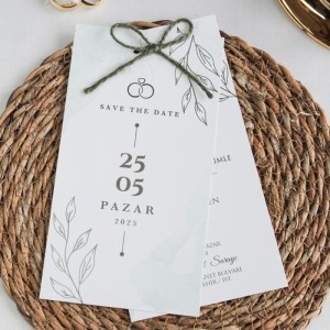 Sade Yaprak Yüzük Tasarımlı İpli İkili Davetiye Modeli