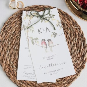 Çift Kuş Temalı İkili Kartlı İpli Davetiye Modeli