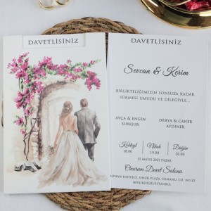 Çiçek Aranjmanlı Gelin Damat Tasvirli Davetiye Modeli