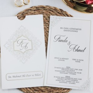 Üstten Kesik Zarflı Süslü Baskılı Düğün Davetiyesi