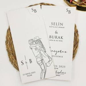 Zarfında Genç Çift Çizimli Sade Düğün Davetiyesi