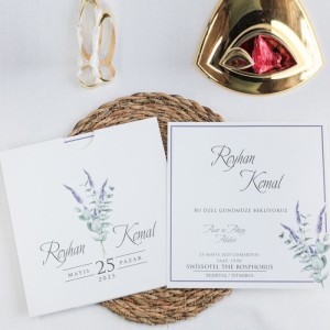 Zarfı İçi Lavanta Çiçek Temalı Kare Düğün Davetiyesi