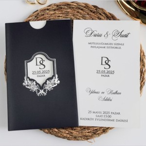 Lacivert Pencereli Zarfa Gümüş Yaldızlı Düğün Davetiyesi