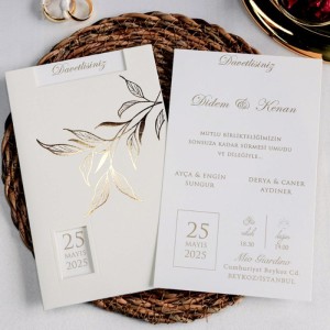 Altın Yaldız Yaprak Desenli Pencereli Zarflı Davetiye