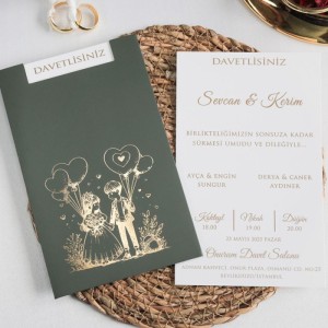 Siyah Zarfa Yaldızlı Gelin Damat Baskılı Davetiye Modeli