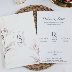 Dikdörtgen Çiçek Desenli Pencereli Zarflı Davetiye