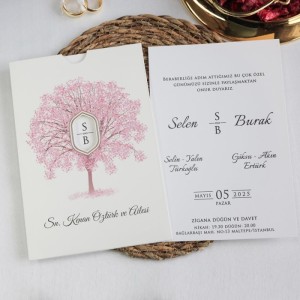 Pembe Çiçekli Ağaç Tasvirli Pencereli Zarflı Davetiye