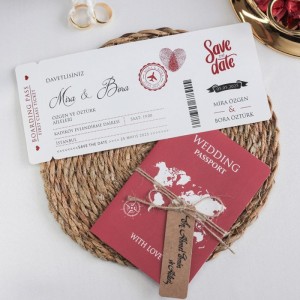 Bordo Renkli Pasaport Görünümlü Uçak Biletli Davetiye