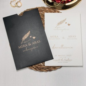 Siyah Dikdörtgen Üstten Kesik Zarflı Yaldızlı Davetiye