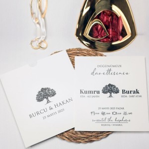 Zarfı İçi Siyah Ağaç Çizimli Sade Kare Davetiye Modeli