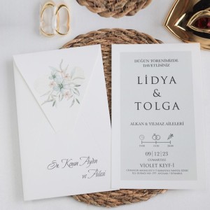 Dikdörtgen Çiçek Desen Zarflı Sade Düğün Davetiyesi
