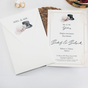 Zarfı İçi Gelin Damat Şapka Temalı Davetiye Modeli