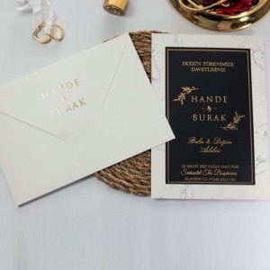 İçi Siyah Krem Desenli Siyah Düğün Davetiyesi