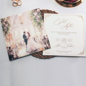 Zarfı Çiçekli Gelin Damat Resimli Kare Davetiye Modeli