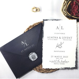 Siyah Dikdörtgen Zarfa Yaldız Baskılı Mühürlü Davetiye Modeli