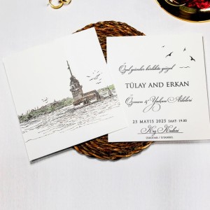 İstanbul Kız Kulesi Manzaralı Zarflı Düğün Davetiyesi