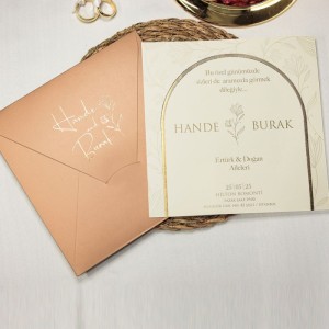 Somon Rengi Kare Zarfa Yaldız Baskılı Davetiye Modeli