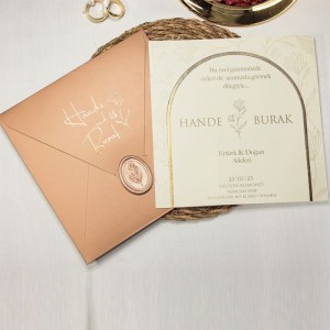 Somon Rengi Kare Zarfa Yaldız Baskılı Mühürlü Davetiye