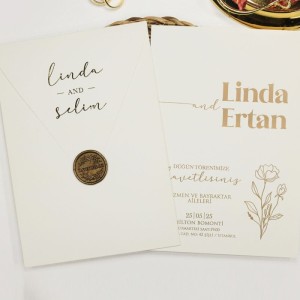 Krem Zarflı İçi Dokulu Kağıttan Sade Mühürlü Davetiye