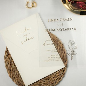 Krem Zarflı İçi Asetat Düğün Davetiyesi