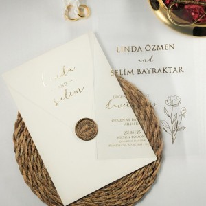 Krem Zarflı Mühürlü İçi Asetat Düğün Davetiyesi