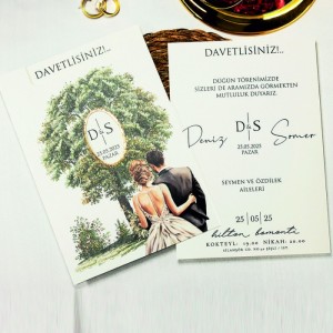 Gelin Damat Ağaç Resimli Pencereli Zarflı Davetiye