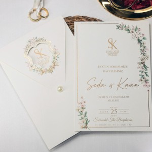 Zarfı Pencereli Yaldız Süslemeli İncili Düğün Davetiyesi