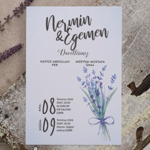 Sade Mavi Çiçekli Beyaz Zarflı Ekonomik Davetiye Modeli