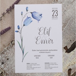 Mavi Çiçekli Beyaz Zarflı Davetiye Modeli