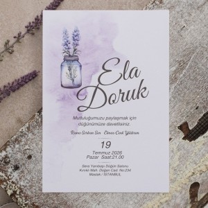 Lavanta Temalı Beyaz Zarflı Düğün Davetiyesi