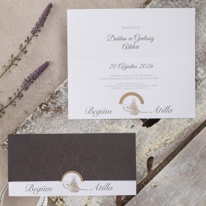Üstten Katlamalı Koyu Gri Tuğralı Düğün Davetiyesi