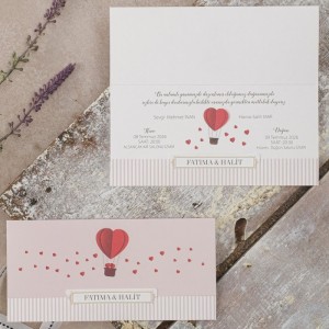 Dışı Pembe Zemine Kalp Temalı Katlamalı Davetiye Modeli