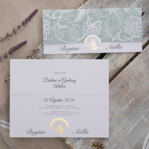 Dışı Desenli Altın Yaldız Tuğralı Katlamalı Düğün Davetiyesi