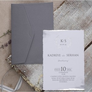 İç Kenarları Gümüş Yaldızlı Gri Zarflı Düğün Davetiyesi