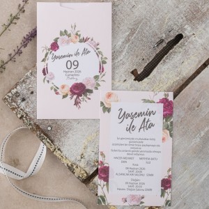Zarfı İçi Çiçek Kombinli Üstten Açık Zarflı Davetiye