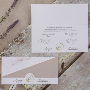 Mermer Desenli Üstten Katlamalı Geçmeli Düğün Davetiyesi
