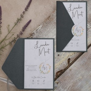 Koyu Gri Soldan Katlamalı Geçmeli Düğün Düğün Davetiyesi