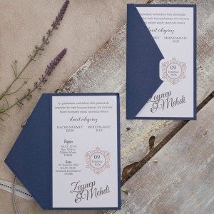 Dışı Lacivert Soldan Katlamalı Zarfsız Ekonomik Düğün Davetiyesi