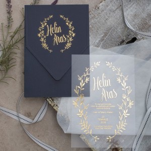 Siyah Zarfa Yaldız Baskılı İçi Asetat Lüks Davetiye Modeli