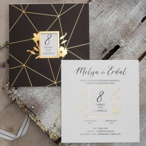 Siyah Kare Pencereli Yaldız Süslemeli Zarflı Düğün Davetiyesi