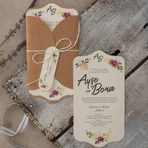 Kraft Kağıttan Özel Kesim Zarflı Çiçekli İpli Etiketli Davetiye Modeli