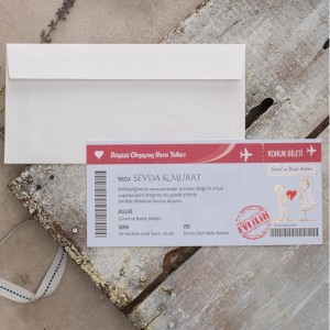 Uçak Bileti Tasarımlı Krem Rengi Zarflı Davetiye Modeli