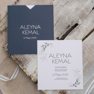 Antrasit Kare Zarflı Yaldız Baskılı Sade Düğün Davetiyesi