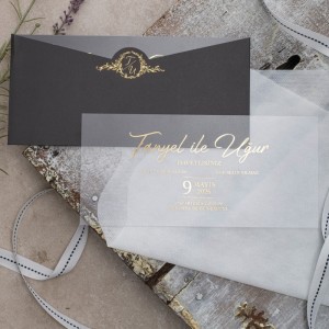 Koyu Gri Üstten Kesik Zarflı İçi Asetat Düğün Davetiyesi