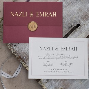 Bordo Üstten Katlamalı Zarflı Yaldız Baskılı Mühürlü Davetiye Modeli