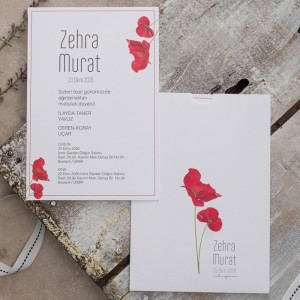 Kırmızı Çiçek Kombinli Üstten Kesik Zarflı Düğün Davetiyesi